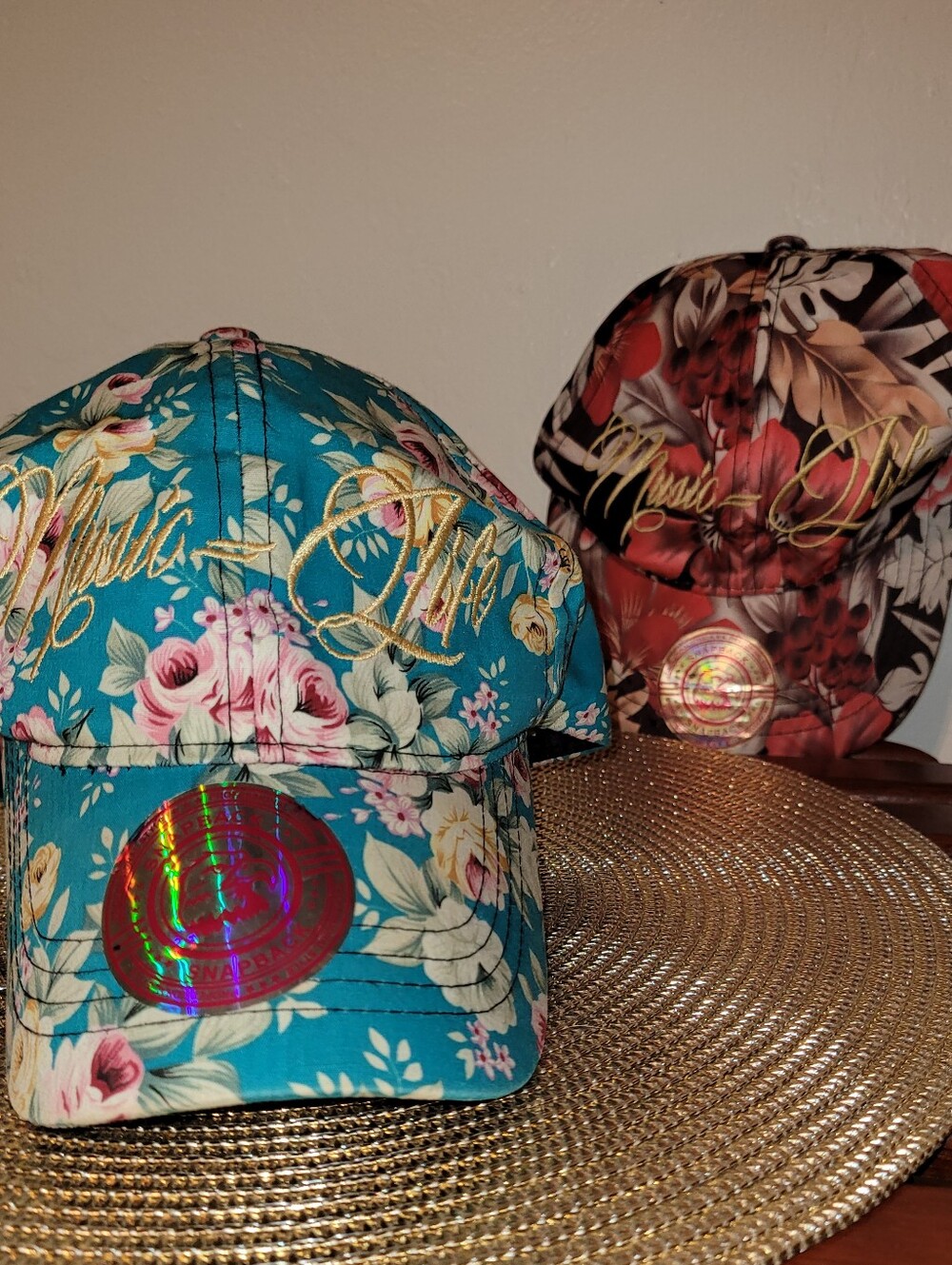 Musix Is Life Teal Blue Floral Adjustable Baseball Cap - Gold Thread Flowers NEW
